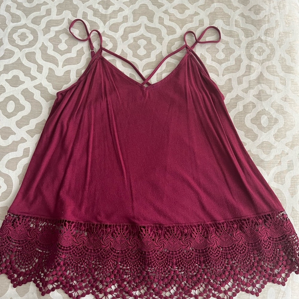 Maroon spaghetti strap tank with lace bottom